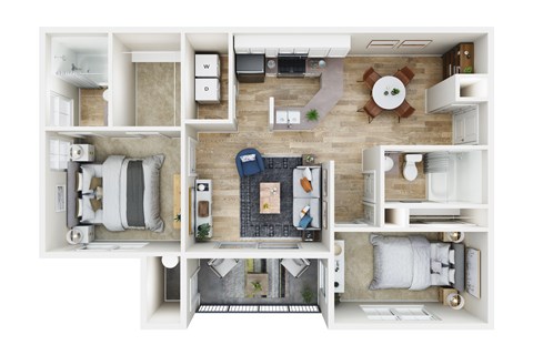 A top down view of a small apartment with a kitchen, living room, and bedroom.